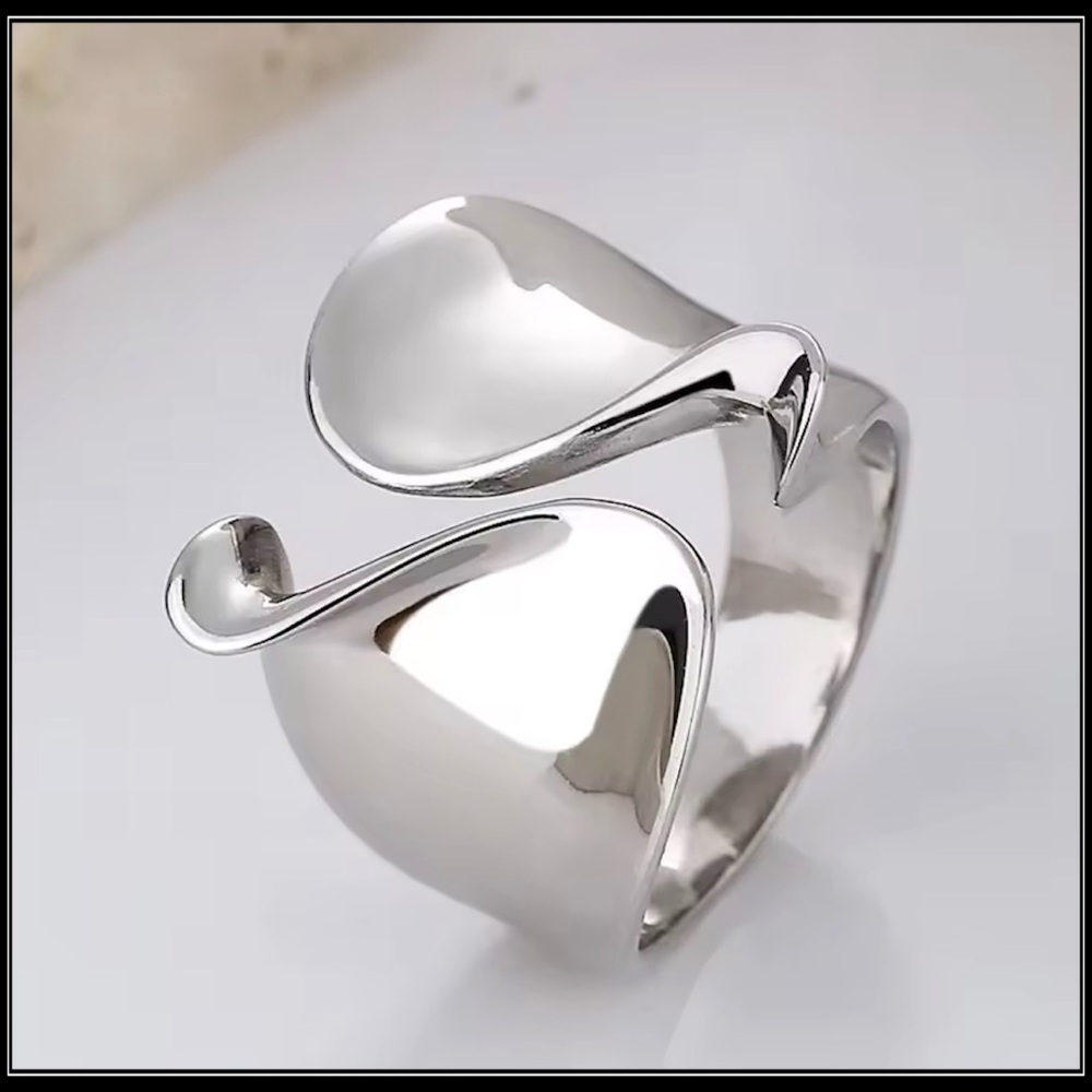 New Wide 925 Silver Sculptural Abstract Open Band Adjustable Ring 5-8